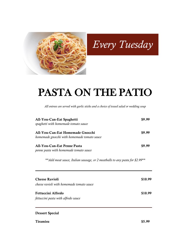 Pasta On The Patio PIC MENU